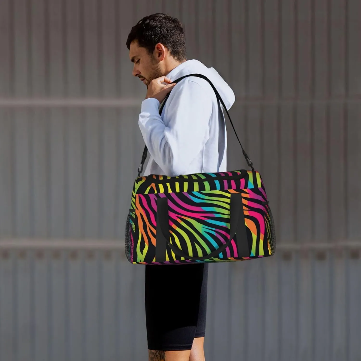 Neon Zebra Print Duffle Bag Foldable Travel Tote Bag Carry On Large Weekender Overnight Bags Waterproof Gym Bag For Women Men
