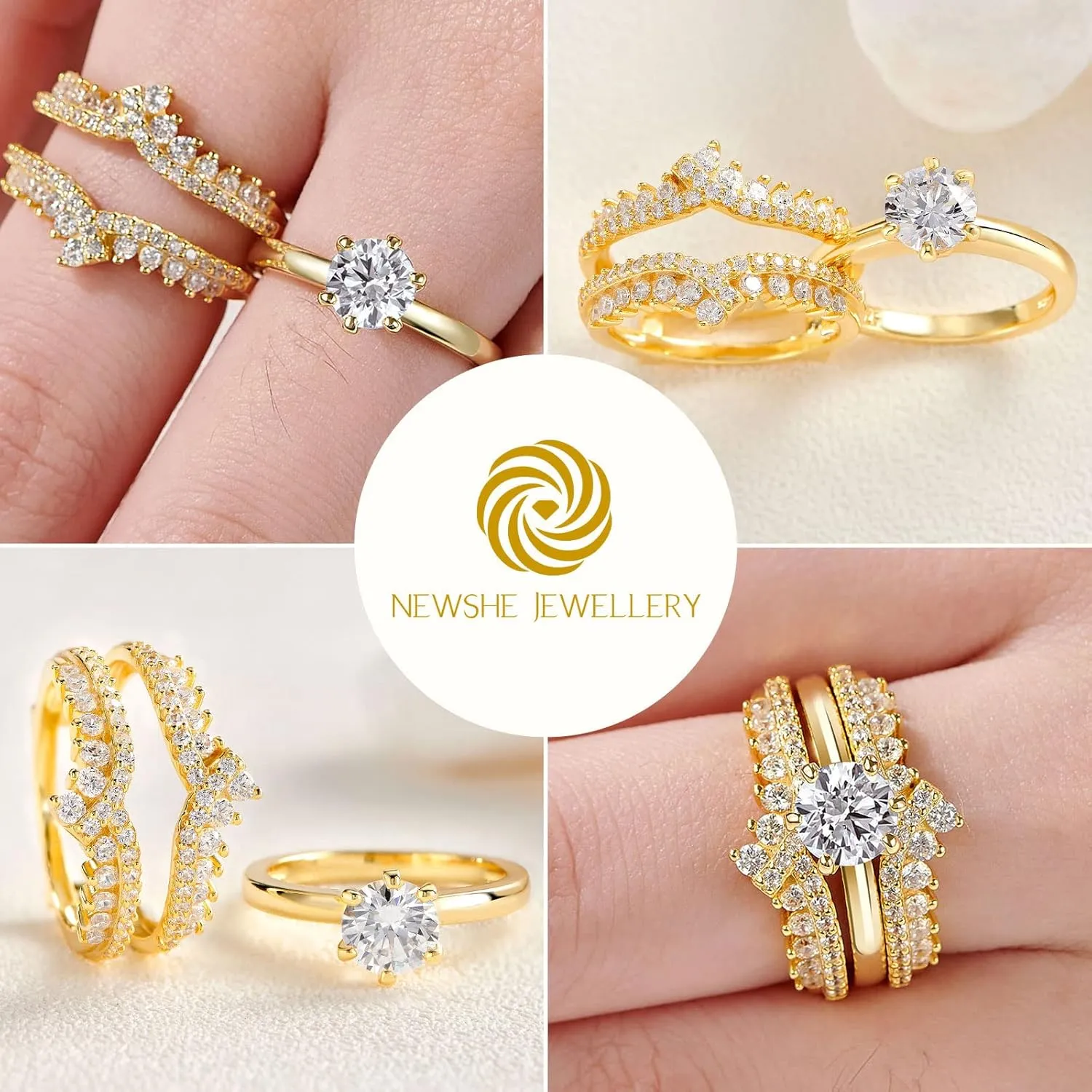 Newshe Jewellery 5A Cz Wedding Rings for Women Engagement Ring Enhancer Band Bridal Set Sterling Silver 1.8Ct Cz Size 4-13