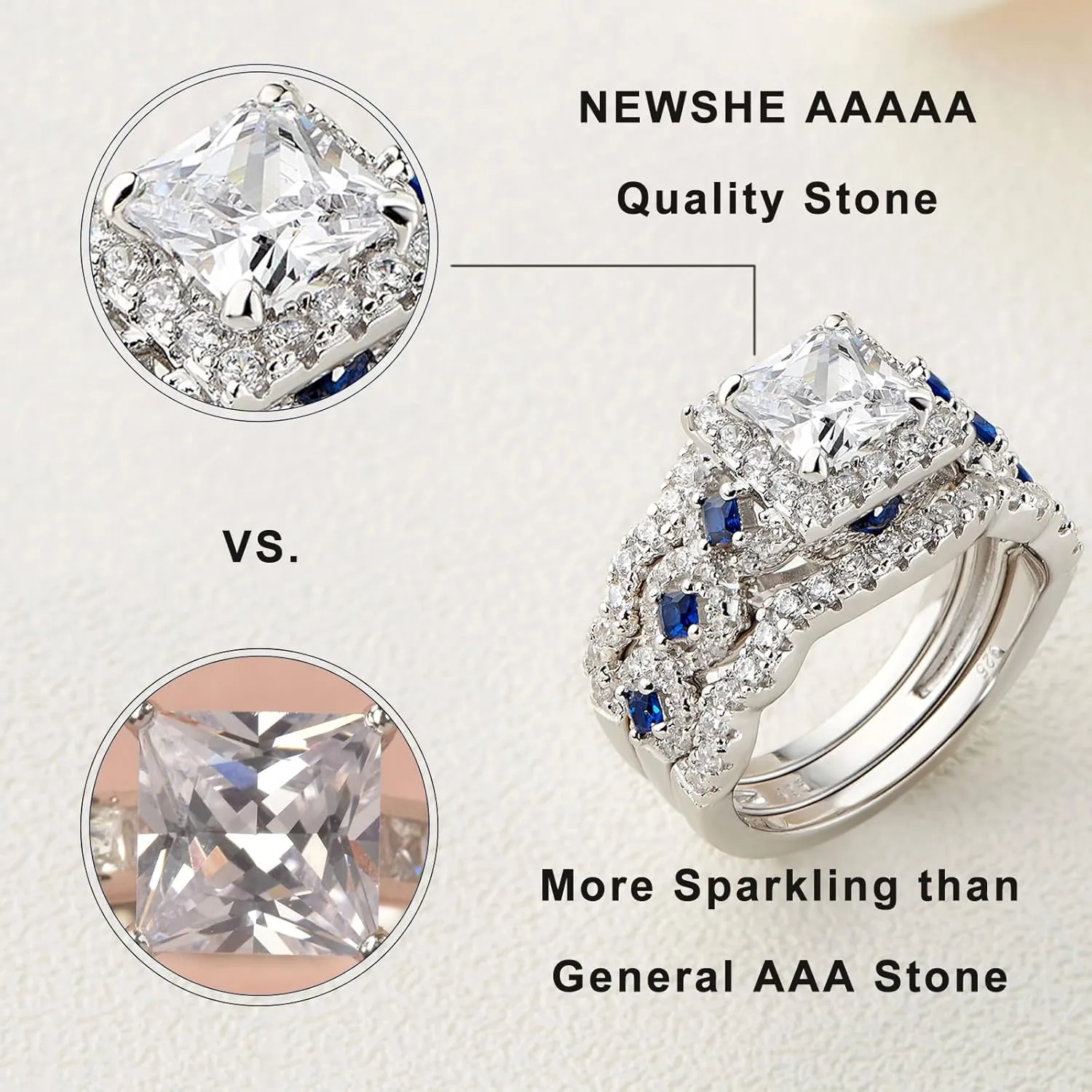 Newshe Jewellery AAAAA CZ 2.5CT 925 Sterling Silver Engagements Rings Wedding Bands for Women 3PCS Bridal Rings Sets Cubic Zirconia Princess Promise Rings for her Size 4-13