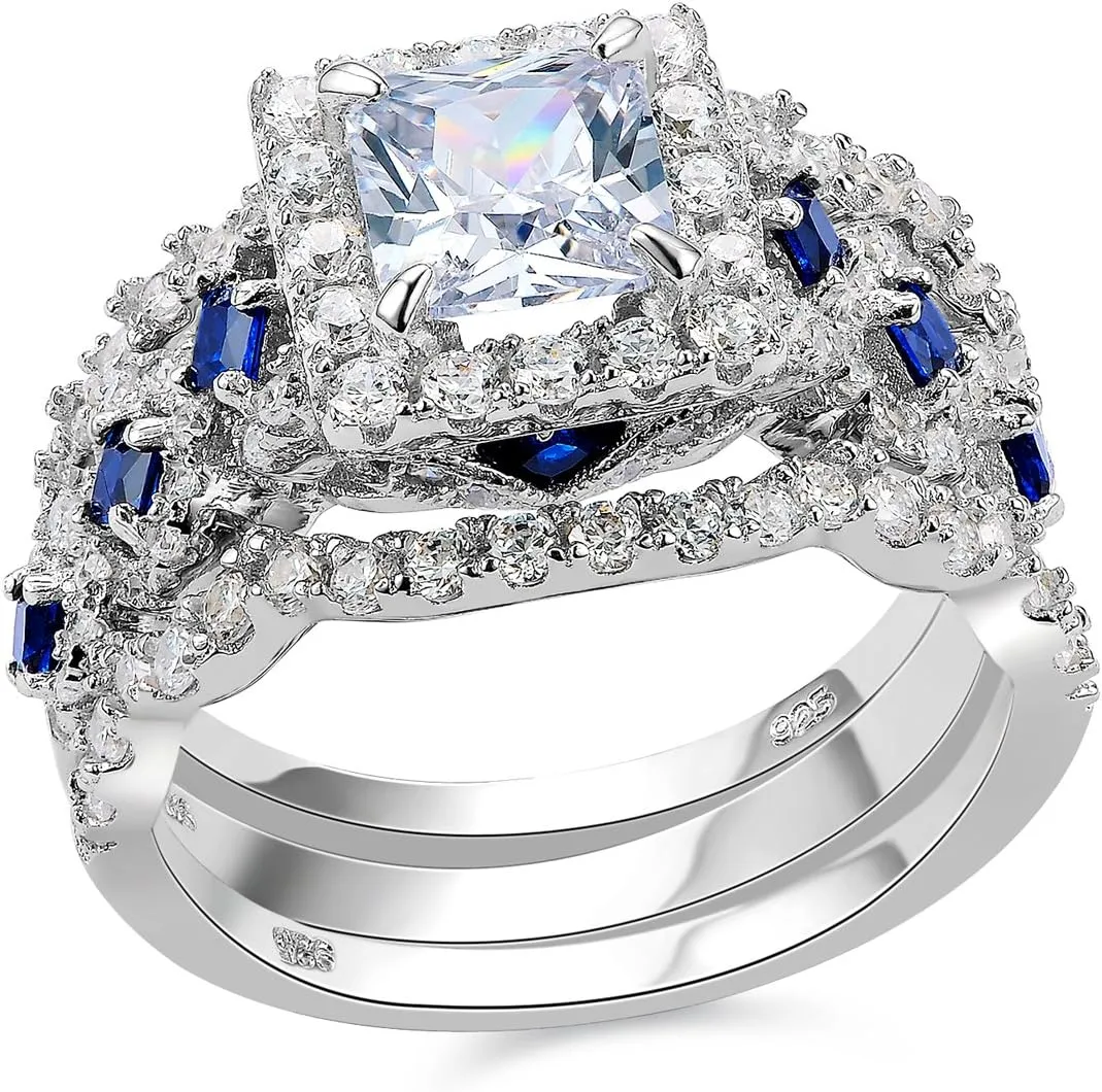 Newshe Jewellery AAAAA CZ 2.5CT 925 Sterling Silver Engagements Rings Wedding Bands for Women 3PCS Bridal Rings Sets Cubic Zirconia Princess Promise Rings for her Size 4-13