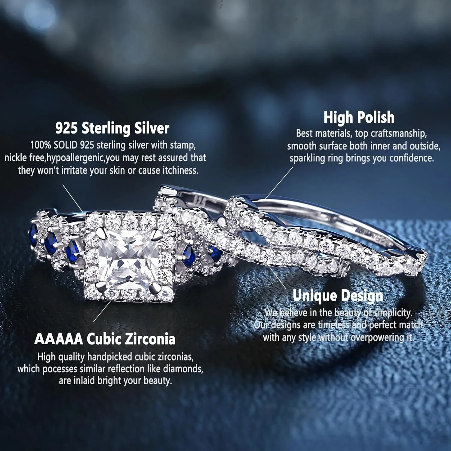 Newshe Jewellery AAAAA CZ 2.5CT 925 Sterling Silver Engagements Rings Wedding Bands for Women 3PCS Bridal Rings Sets Cubic Zirconia Princess Promise Rings for her Size 4-13