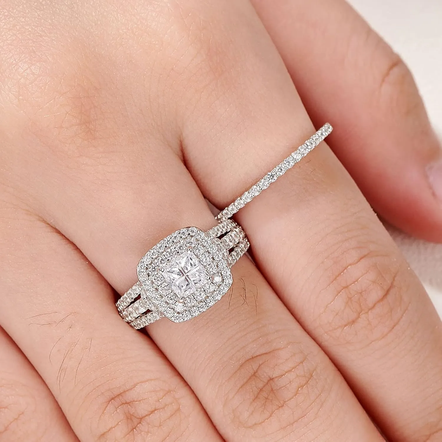 Newshe Jewellery AAAAA Cz Wedding Rings for Women Engagement Ring Sets Sterling Silver 1.7Ct Princess Cross Size 4-13