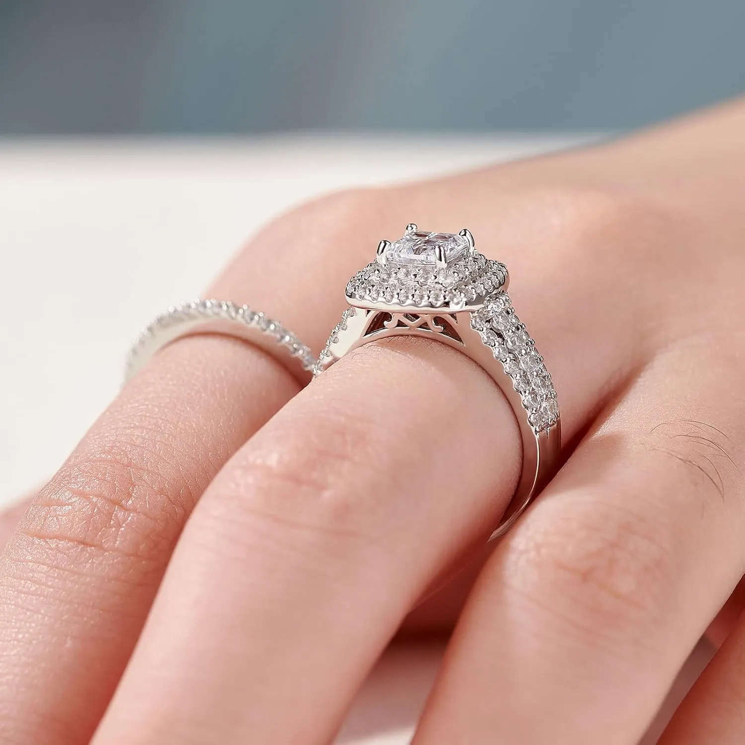 Newshe Jewellery AAAAA Cz Wedding Rings for Women Engagement Ring Sets Sterling Silver 1.7Ct Princess Cross Size 4-13