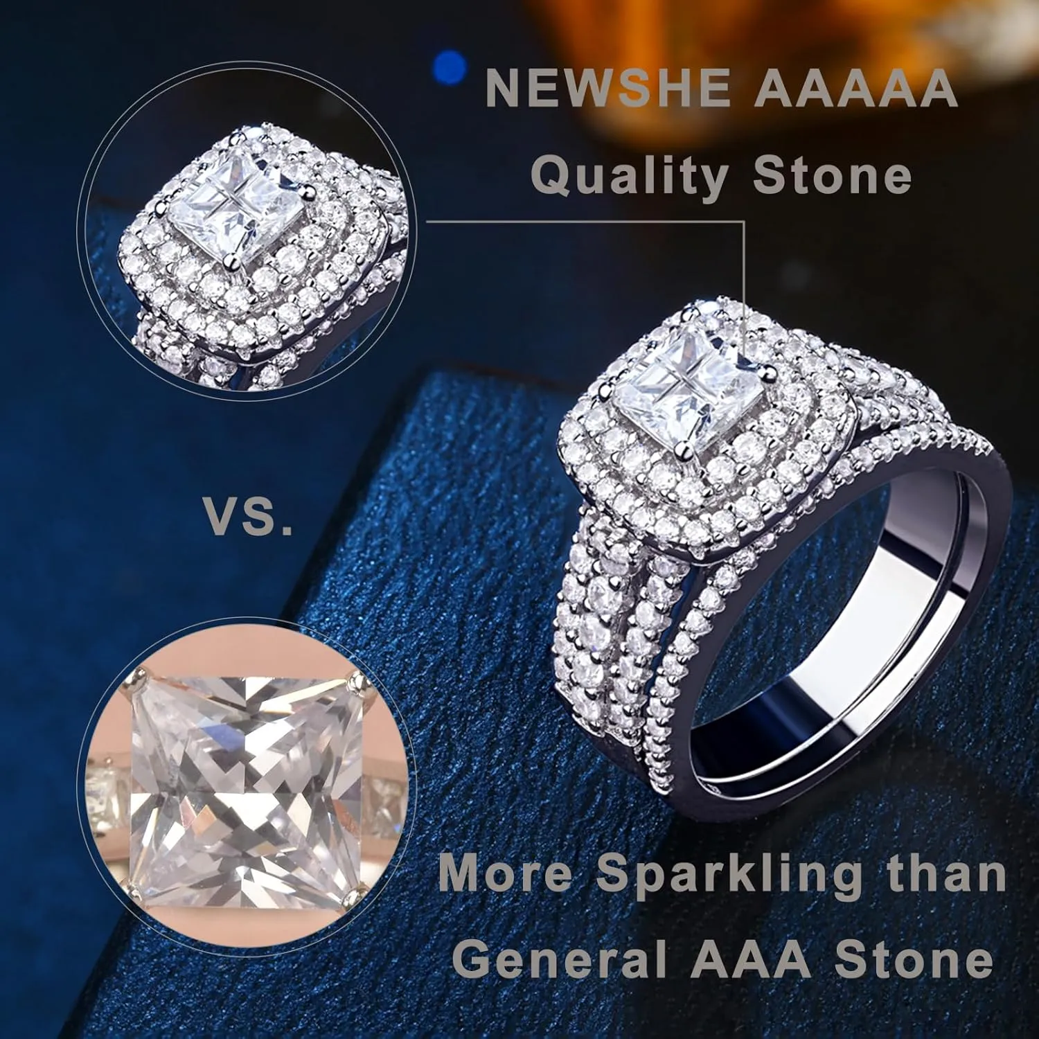Newshe Jewellery AAAAA Cz Wedding Rings for Women Engagement Ring Sets Sterling Silver 1.7Ct Princess Cross Size 4-13