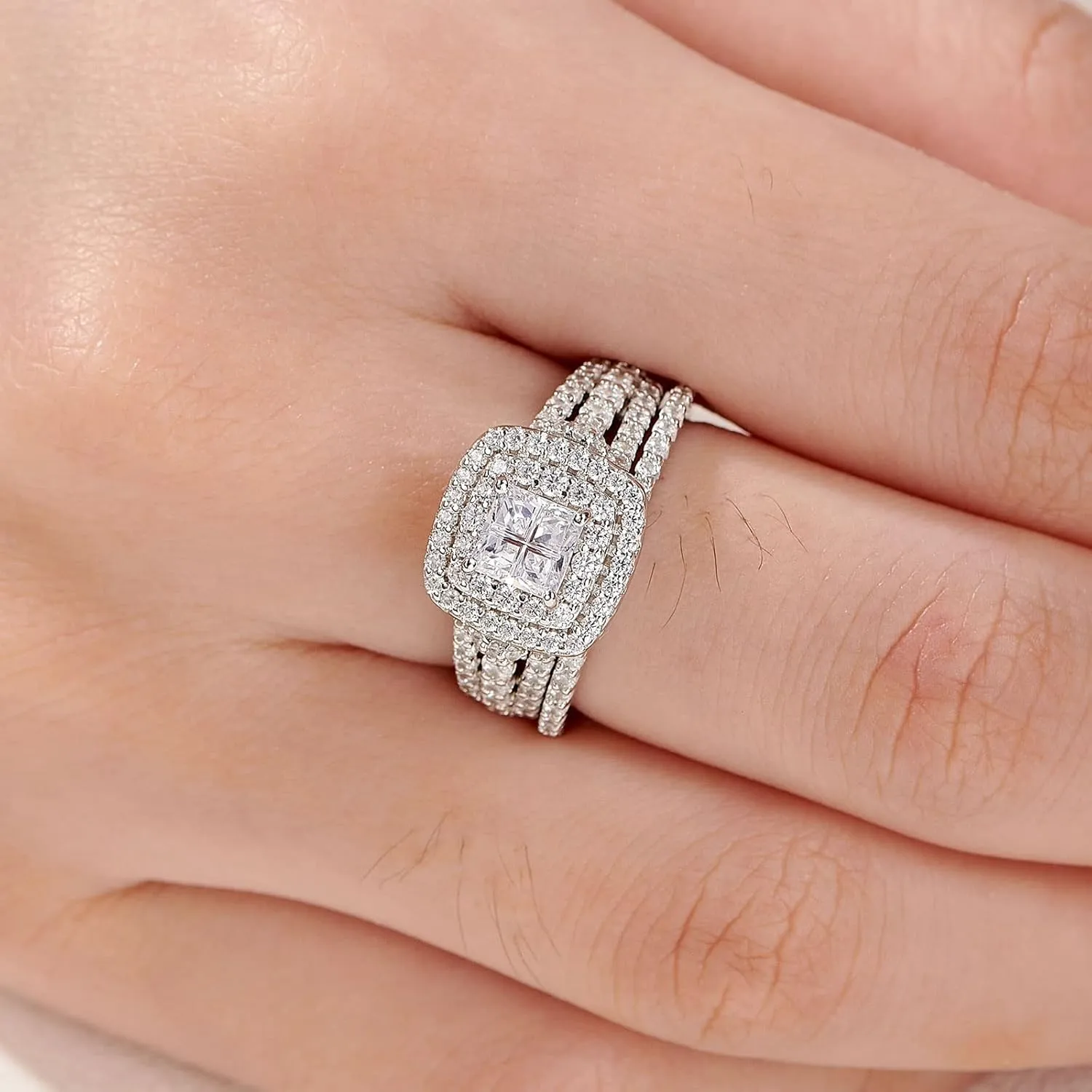 Newshe Jewellery AAAAA Cz Wedding Rings for Women Engagement Ring Sets Sterling Silver 1.7Ct Princess Cross Size 4-13