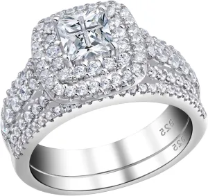 Newshe Jewellery AAAAA Cz Wedding Rings for Women Engagement Ring Sets Sterling Silver 1.7Ct Princess Cross Size 4-13