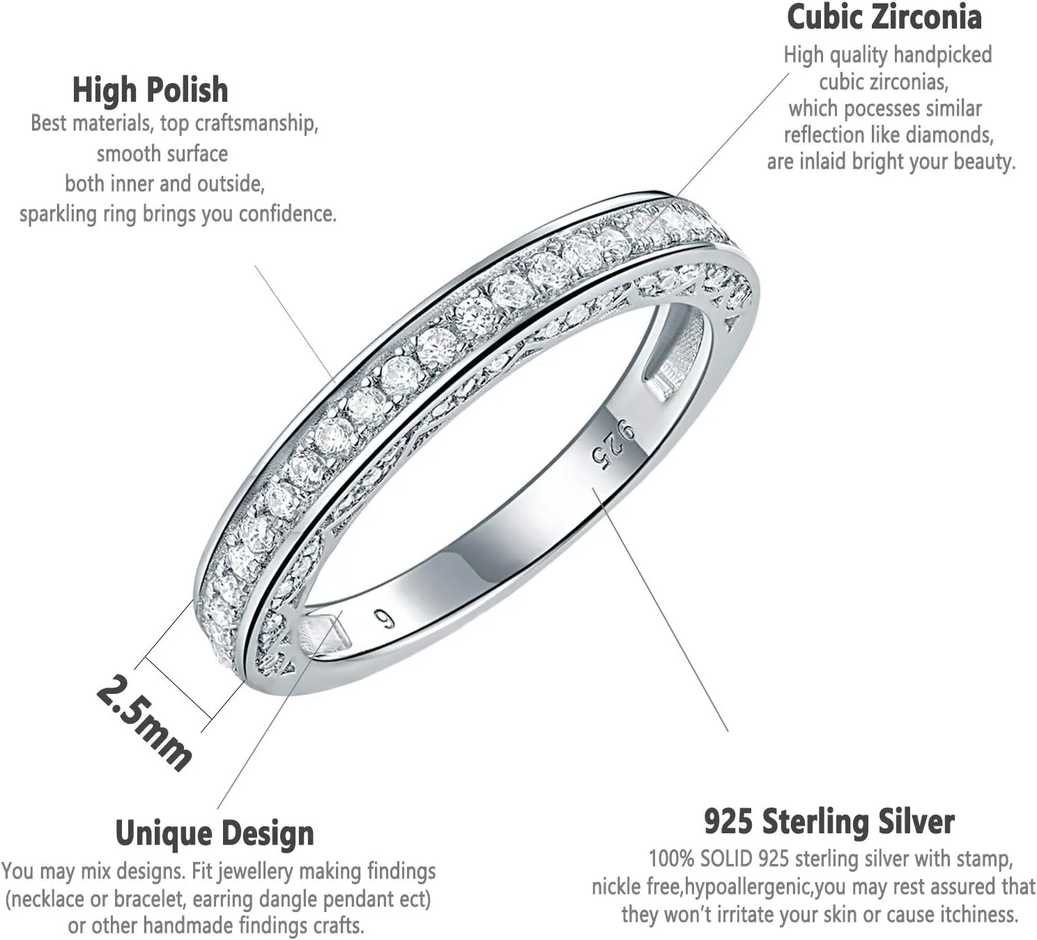 Newshe Jewellery Stackable Band AAAAA Cz Wedding Engagement Ring for Women 925 Sterling Silver Eternity 2.5mm Size 4-13
