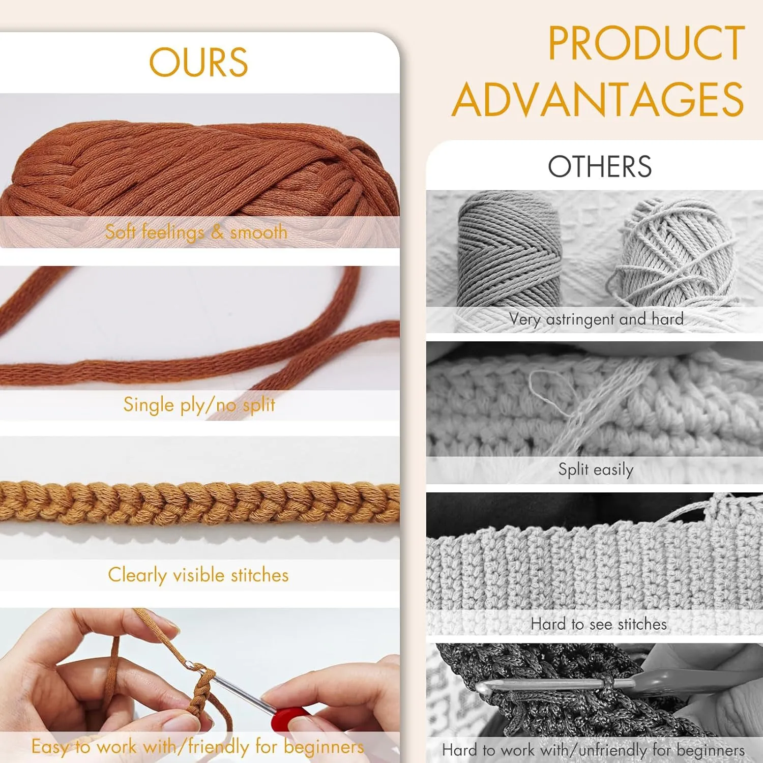 NICEEC 4 Skeins Soft Cotton-Nylon Blend Yarn for Crochet & Knitting - Easy-Use, Beginner Friendly, DIY Craft Yarn - Total Length 220yds (7.1oz) - Caramel