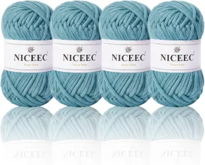 NICEEC 4 Skeins Soft Cotton-Nylon Blend Yarn for Crochet & Knitting - Easy-Use, Beginner Friendly, DIY Craft Yarn - Total Length 220yds (7.1oz) - Dusty Blue