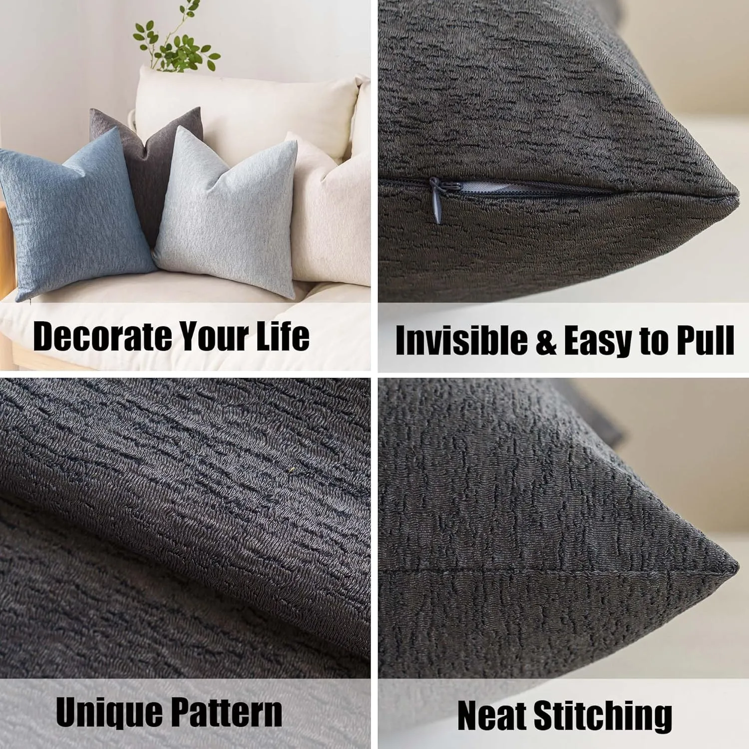 NiNi ALL Glossy Textured Throw Pillow Covers Dark Grey 16x16 Inch Set of 2 Decorative Luxurious Pillow Cover Farmhouse Similar to Silk Luster Pillowcase Cushion Cases for Couch, Bed, and Home Decor