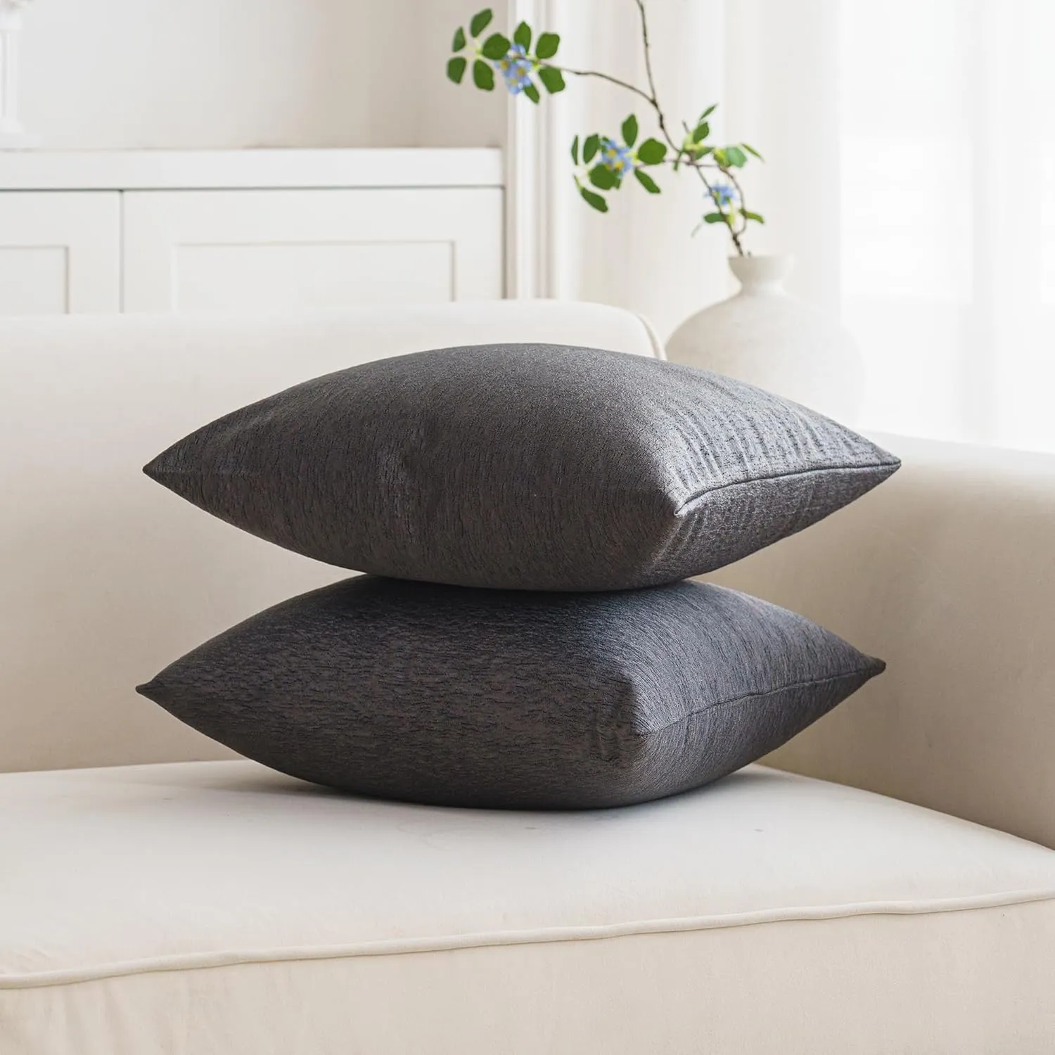 NiNi ALL Glossy Textured Throw Pillow Covers Dark Grey 16x16 Inch Set of 2 Decorative Luxurious Pillow Cover Farmhouse Similar to Silk Luster Pillowcase Cushion Cases for Couch, Bed, and Home Decor