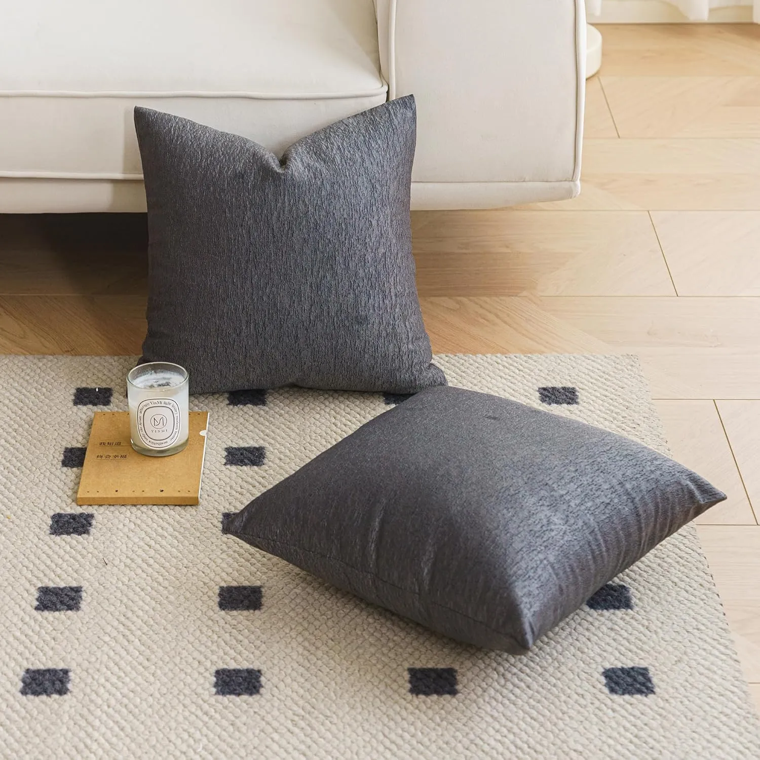 NiNi ALL Glossy Textured Throw Pillow Covers Dark Grey 16x16 Inch Set of 2 Decorative Luxurious Pillow Cover Farmhouse Similar to Silk Luster Pillowcase Cushion Cases for Couch, Bed, and Home Decor
