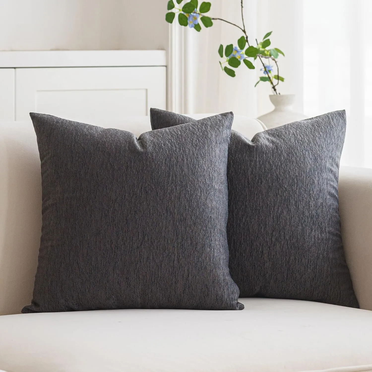 NiNi ALL Glossy Textured Throw Pillow Covers Dark Grey 16x16 Inch Set of 2 Decorative Luxurious Pillow Cover Farmhouse Similar to Silk Luster Pillowcase Cushion Cases for Couch, Bed, and Home Decor