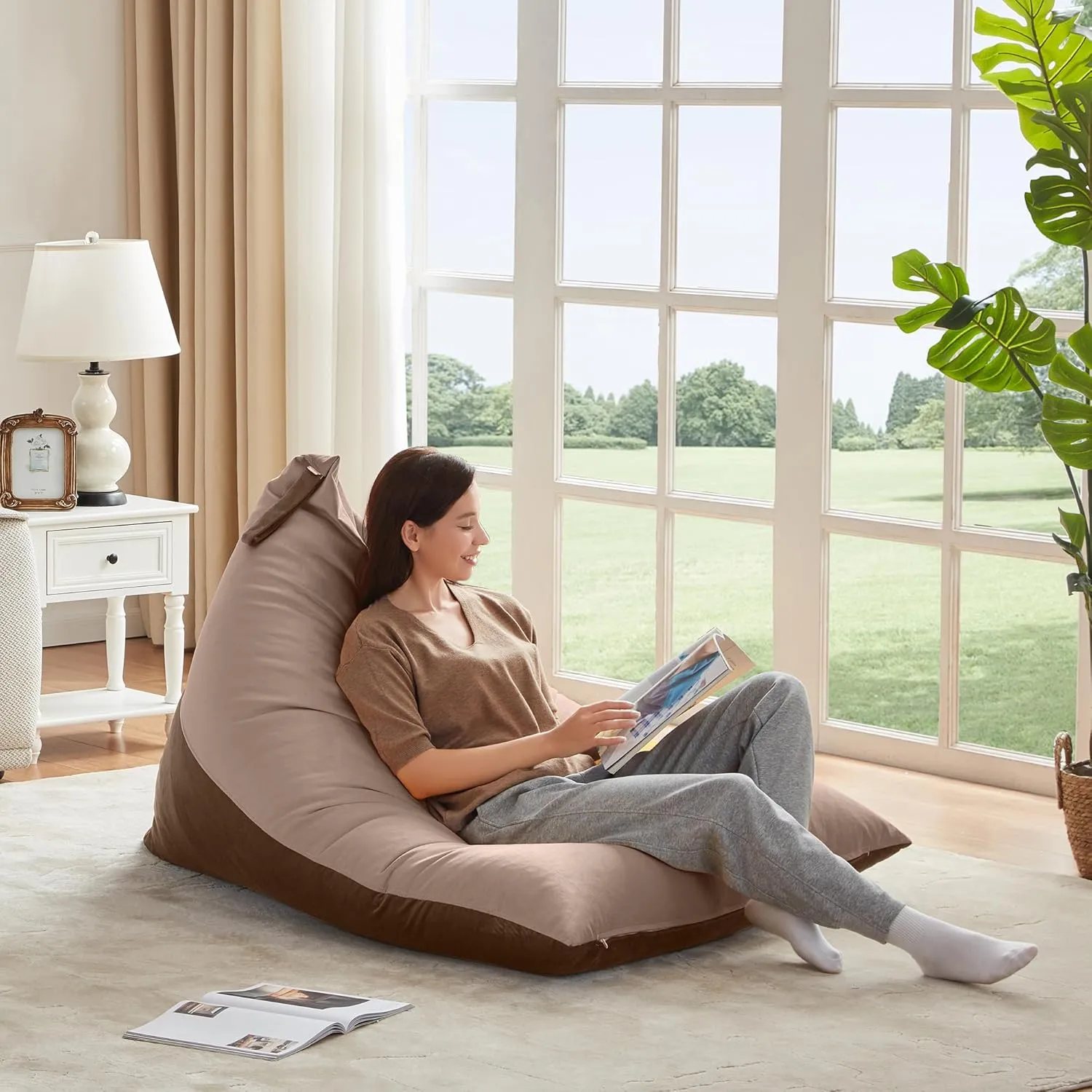 Nobildonna 4ft Bean Bag Chair Cover (No Filler) for Adults, 400L Extra Large Premium Velvet Beanbag Chair Cover, Washable Beanbag Without Filling Ultra Soft Triangular Lazy Sofa Cover (Brown)