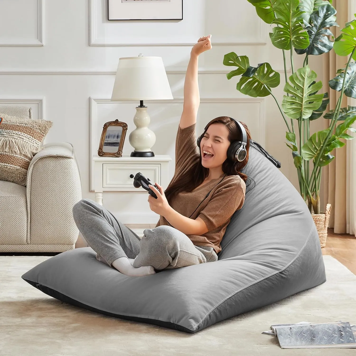 Nobildonna 4ft Bean Bag Chair Cover (No Filler) for Adults, 400L Extra Large Premium Velvet Beanbag Chair Cover, Washable Beanbag Without Filling Ultra Soft Triangular Lazy Sofa Cover (Grey)