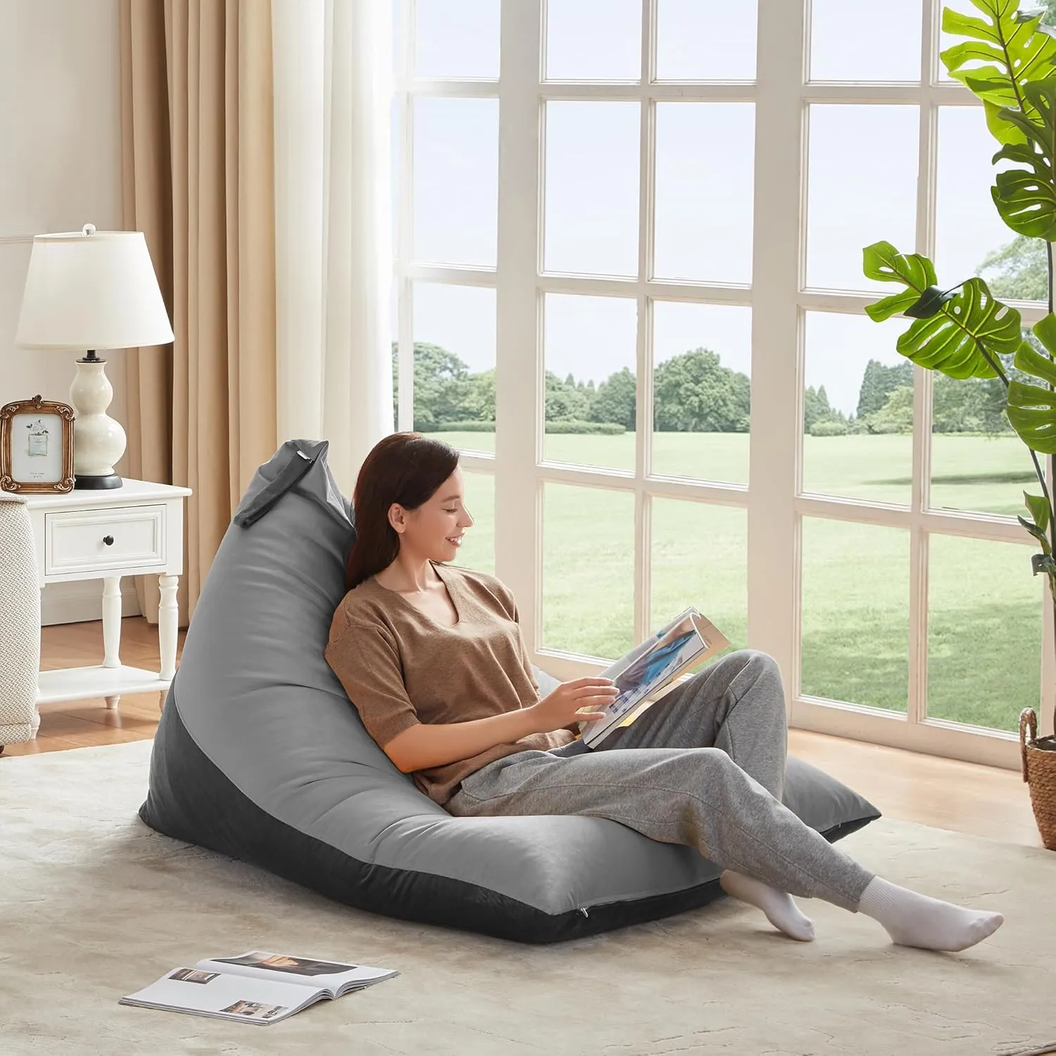 Nobildonna 4ft Bean Bag Chair Cover (No Filler) for Adults, 400L Extra Large Premium Velvet Beanbag Chair Cover, Washable Beanbag Without Filling Ultra Soft Triangular Lazy Sofa Cover (Grey)