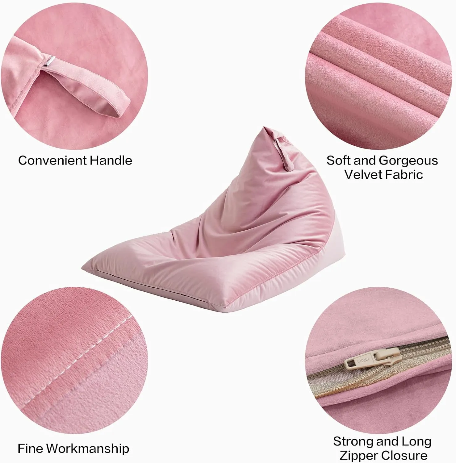Nobildonna 4ft Bean Bag Chair Cover (No Filler) for Adults, 400L Extra Large Premium Velvet Beanbag Chair Cover, Washable Beanbag Without Filling Ultra Soft Triangular Lazy Sofa Cover (Pink)
