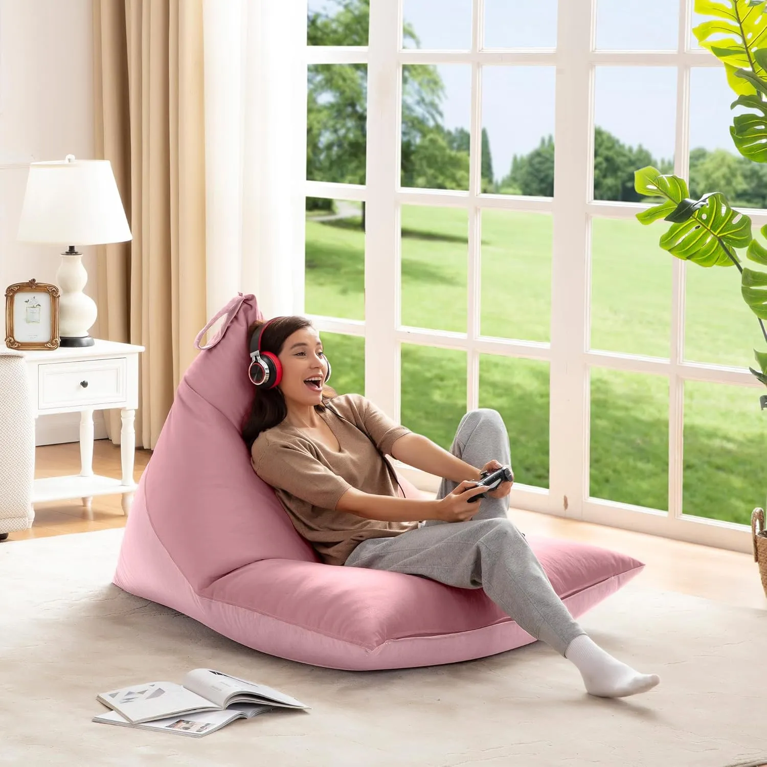 Nobildonna 4ft Bean Bag Chair Cover (No Filler) for Adults, 400L Extra Large Premium Velvet Beanbag Chair Cover, Washable Beanbag Without Filling Ultra Soft Triangular Lazy Sofa Cover (Pink)