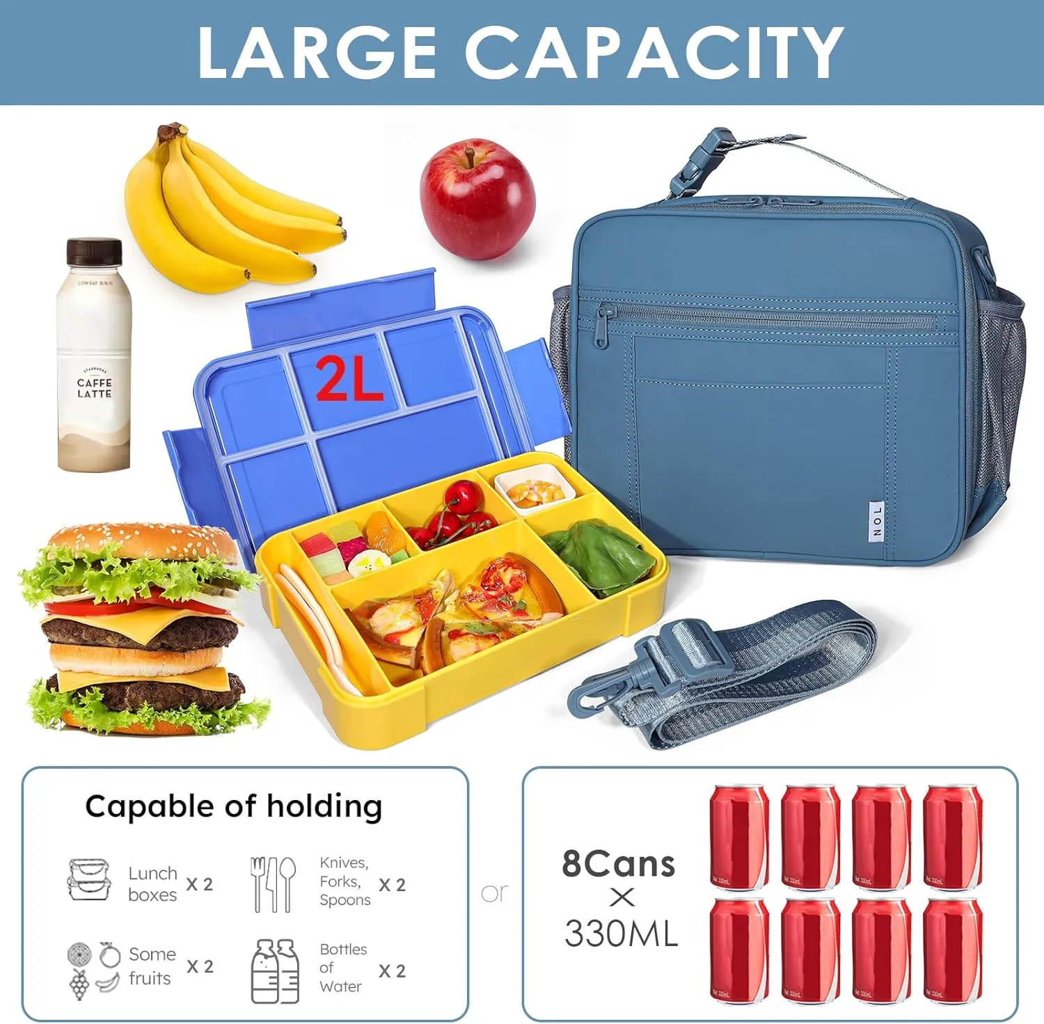 NOL Kids Lunch Bag - Kids 3  Reusable Insulated Lunch Box with Zipper Closure Buckle Handle Adjustable Long Shoulder Strap, Easy-Clean Waterproof Fabric, Children Lunch Tote Bag for School -Dusty blue