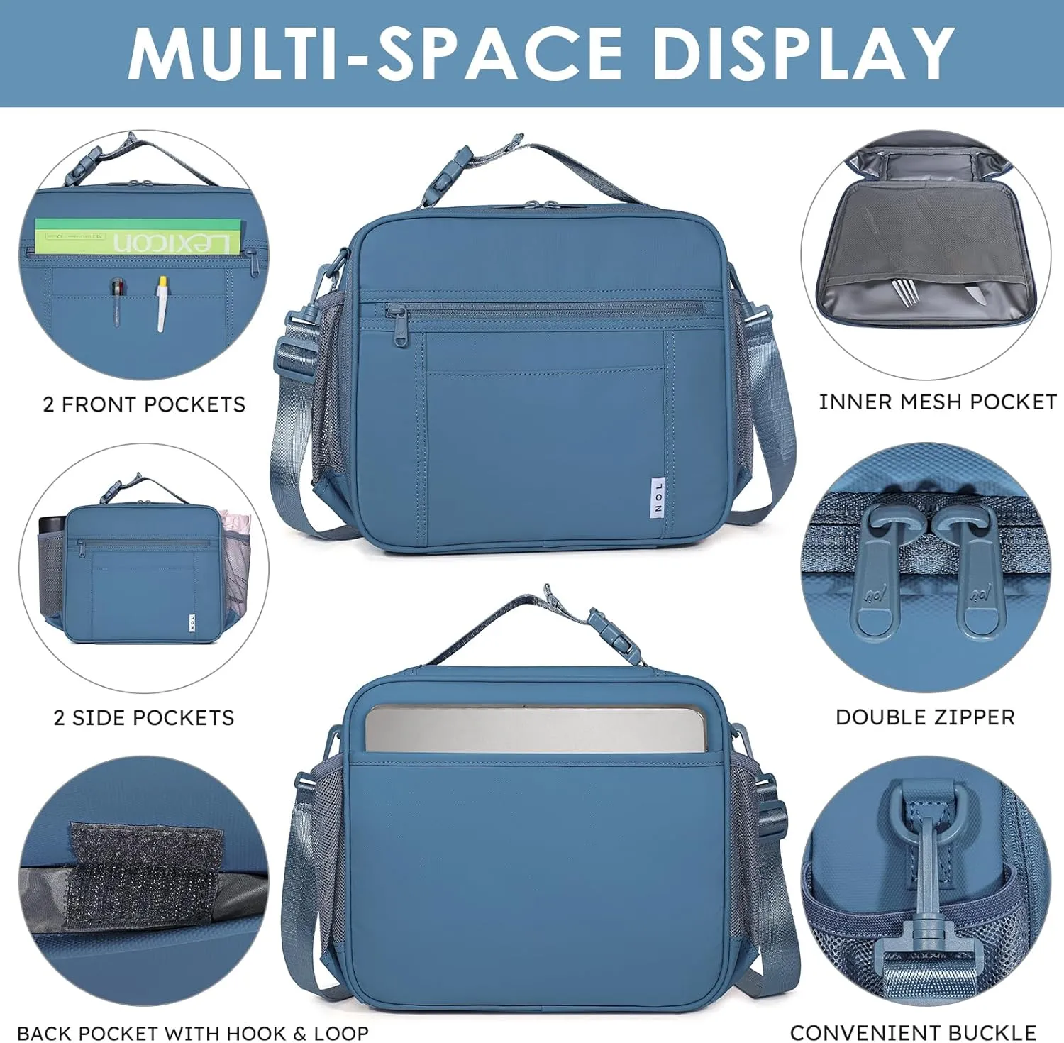 NOL Kids Lunch Bag - Kids 3  Reusable Insulated Lunch Box with Zipper Closure Buckle Handle Adjustable Long Shoulder Strap, Easy-Clean Waterproof Fabric, Children Lunch Tote Bag for School -Dusty blue