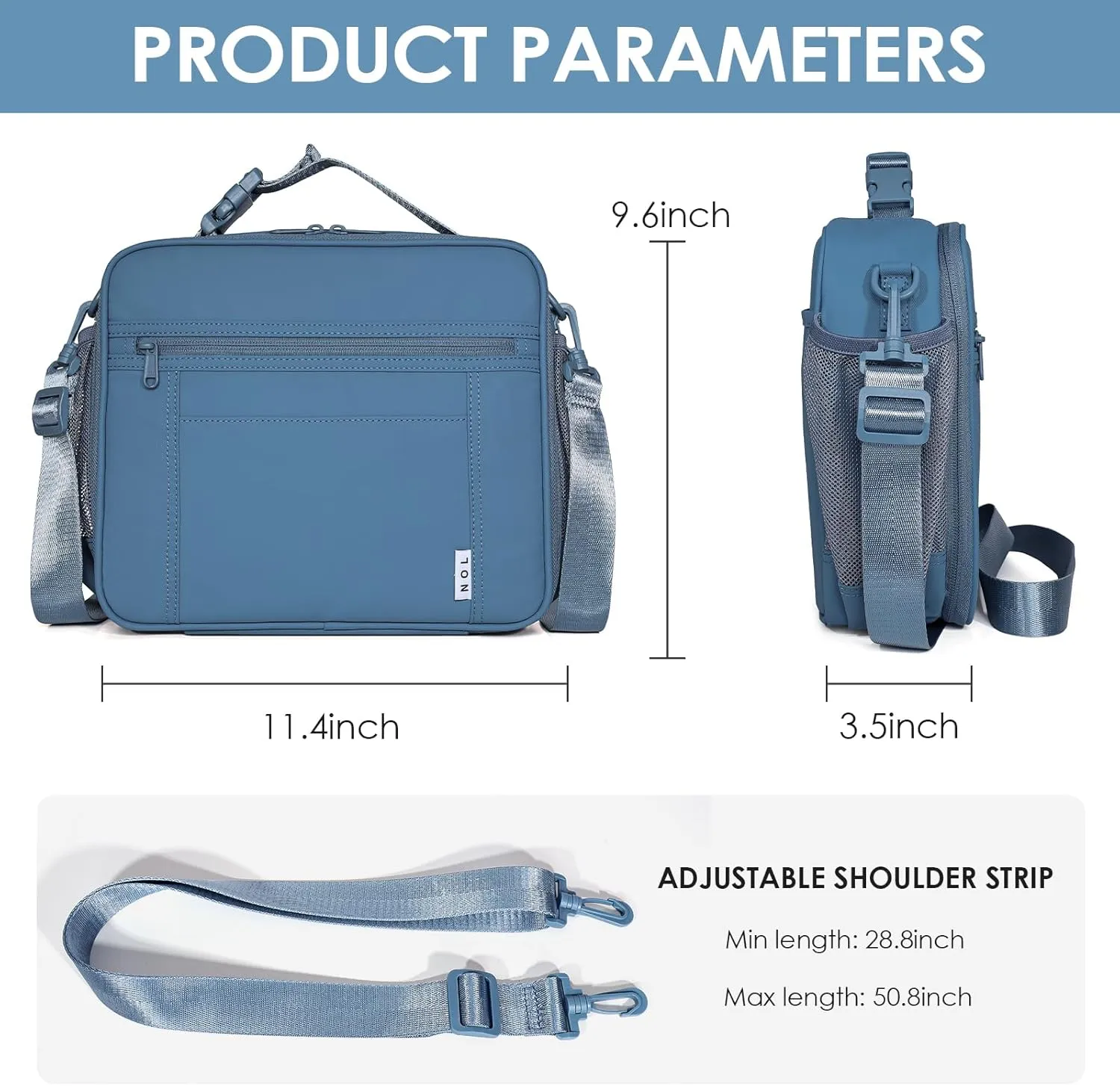 NOL Kids Lunch Bag - Kids 3  Reusable Insulated Lunch Box with Zipper Closure Buckle Handle Adjustable Long Shoulder Strap, Easy-Clean Waterproof Fabric, Children Lunch Tote Bag for School -Dusty blue