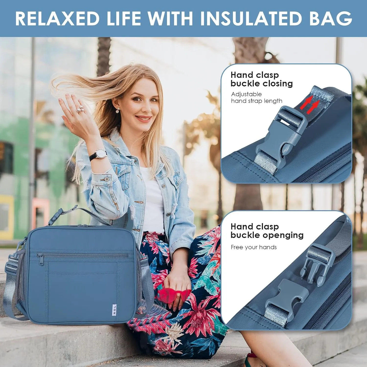 NOL Kids Lunch Bag - Kids 3  Reusable Insulated Lunch Box with Zipper Closure Buckle Handle Adjustable Long Shoulder Strap, Easy-Clean Waterproof Fabric, Children Lunch Tote Bag for School -Dusty blue