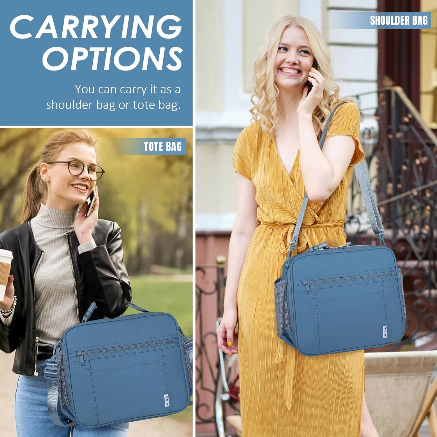 NOL Kids Lunch Bag - Kids 3  Reusable Insulated Lunch Box with Zipper Closure Buckle Handle Adjustable Long Shoulder Strap, Easy-Clean Waterproof Fabric, Children Lunch Tote Bag for School -Dusty blue