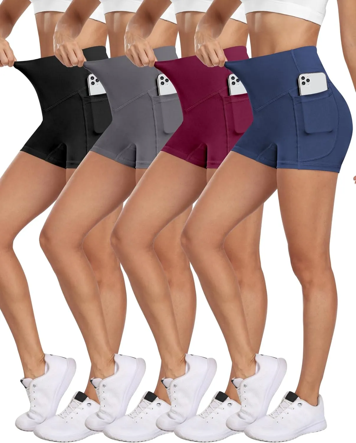 NORMOV 4 Packs Spandex Shorts for Women with Pockets, 3'' High Waisted Tummy Control Booty Yoga Shorts