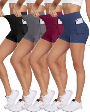 NORMOV 4 Packs Spandex Shorts for Women with Pockets, 3'' High Waisted Tummy Control Booty Yoga Shorts