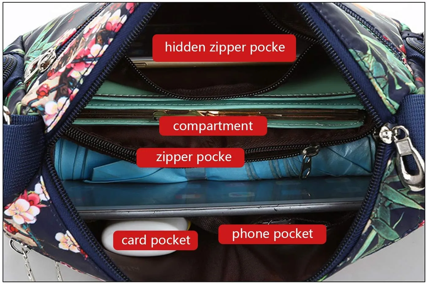 NOTAG Crossbody Bags for Women Nylon Shoulder Bag Floral Multi-Pocket Purses and Handbags
