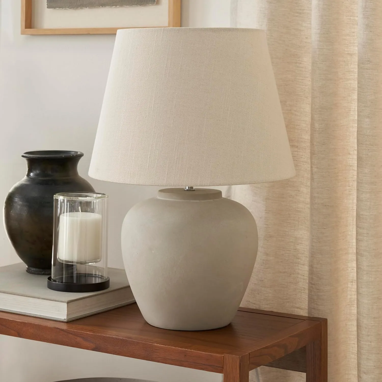 Nourison 20" Light Grey Ceramic Pot Table Lamp for Bedroom, Living Room, Console, Entryway