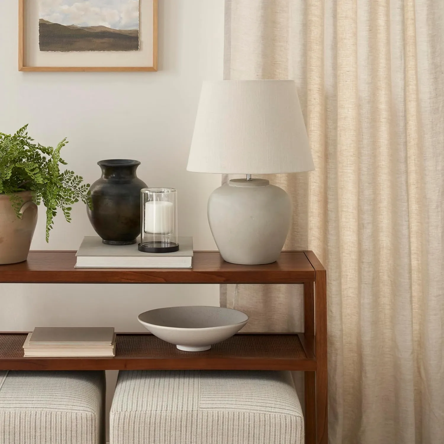Nourison 20" Light Grey Ceramic Pot Table Lamp for Bedroom, Living Room, Console, Entryway