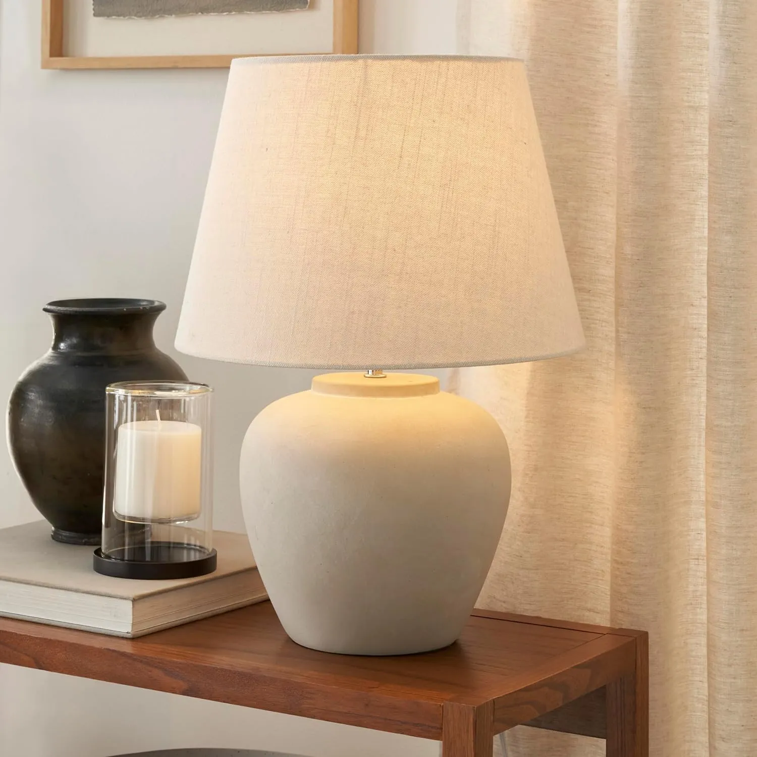 Nourison 20" Light Grey Ceramic Pot Table Lamp for Bedroom, Living Room, Console, Entryway