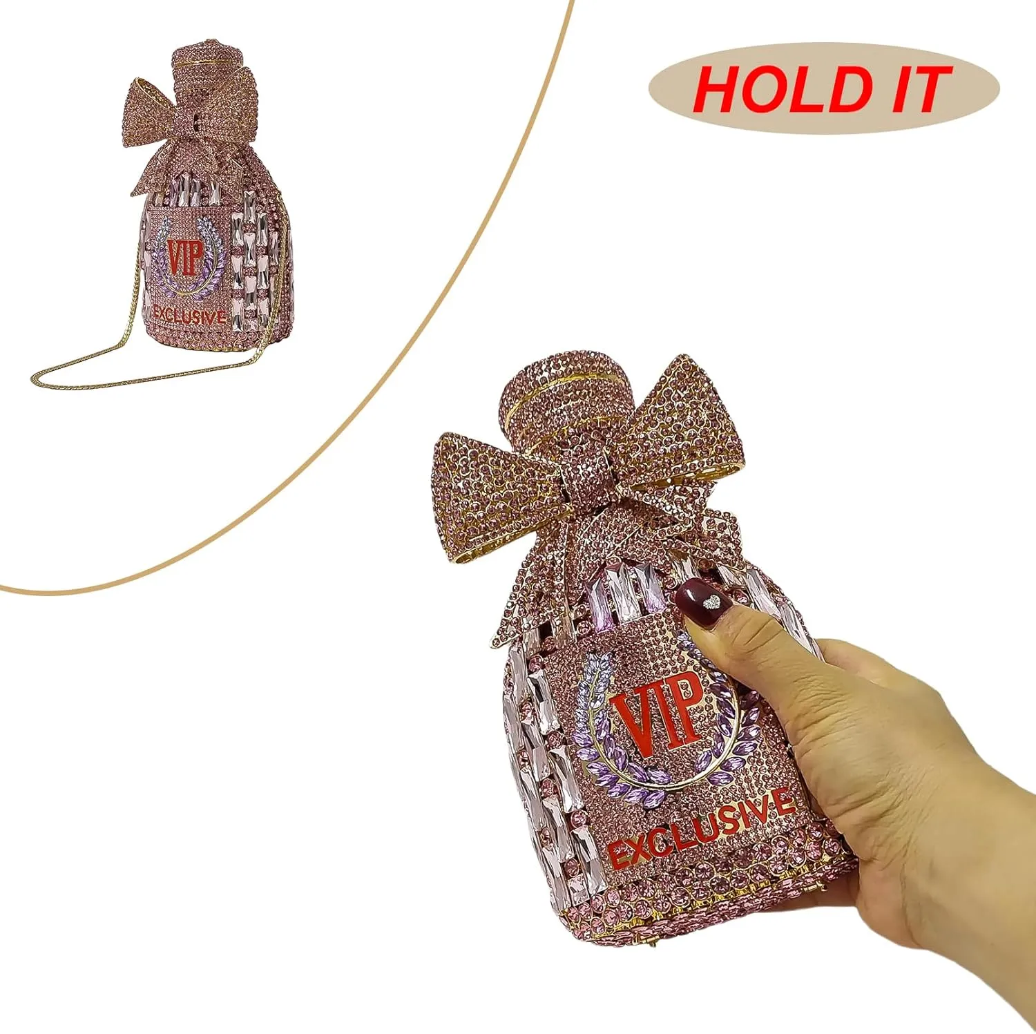 Novelty Champagne Bottle Evening Bag Rhinestone Clutch with Bowknot Women Purse Party Cocktail Crystal Handbag