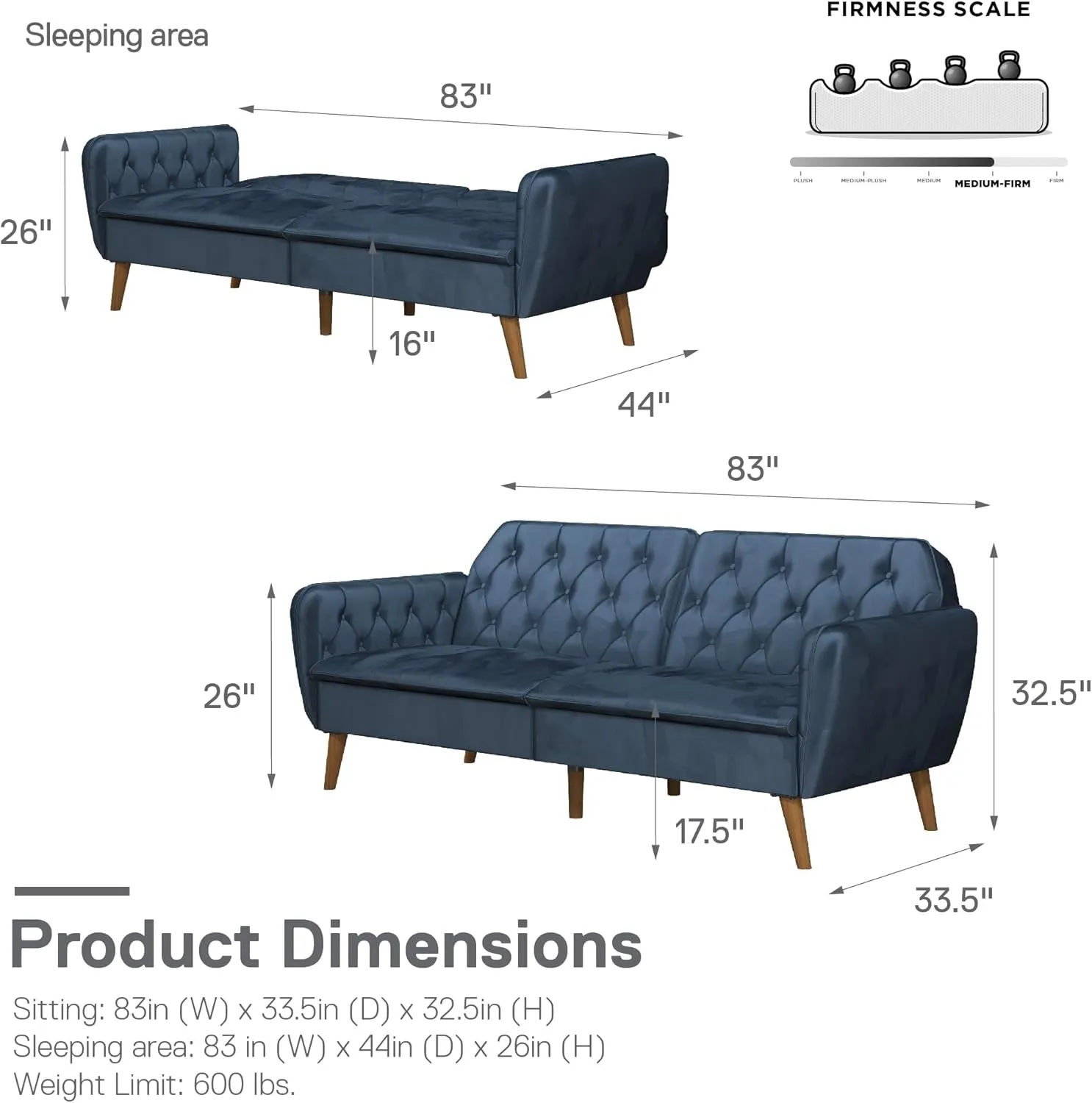 Novogratz Tallulah Memory Foam Futon, Blue Velvet