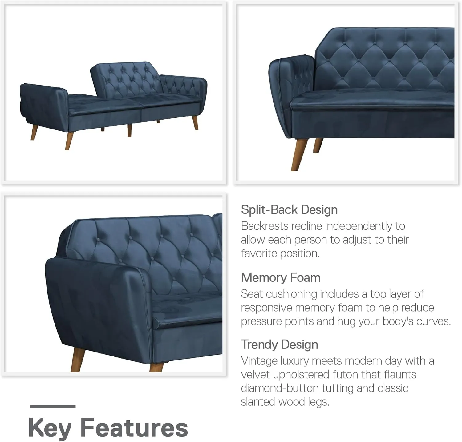 Novogratz Tallulah Memory Foam Futon, Blue Velvet