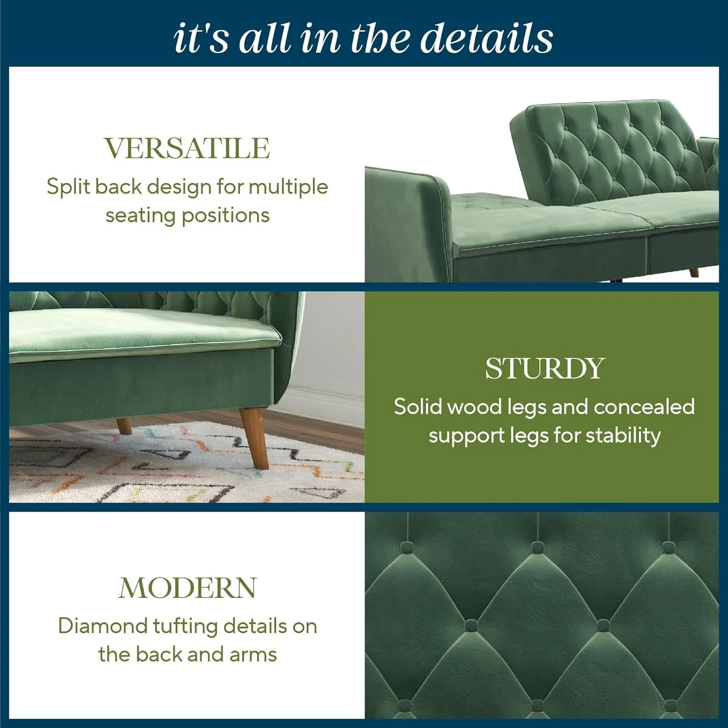 Novogratz Tallulah Memory Foam Futon Couch Bed, Futon Sofa Bed - Light Green Velvet