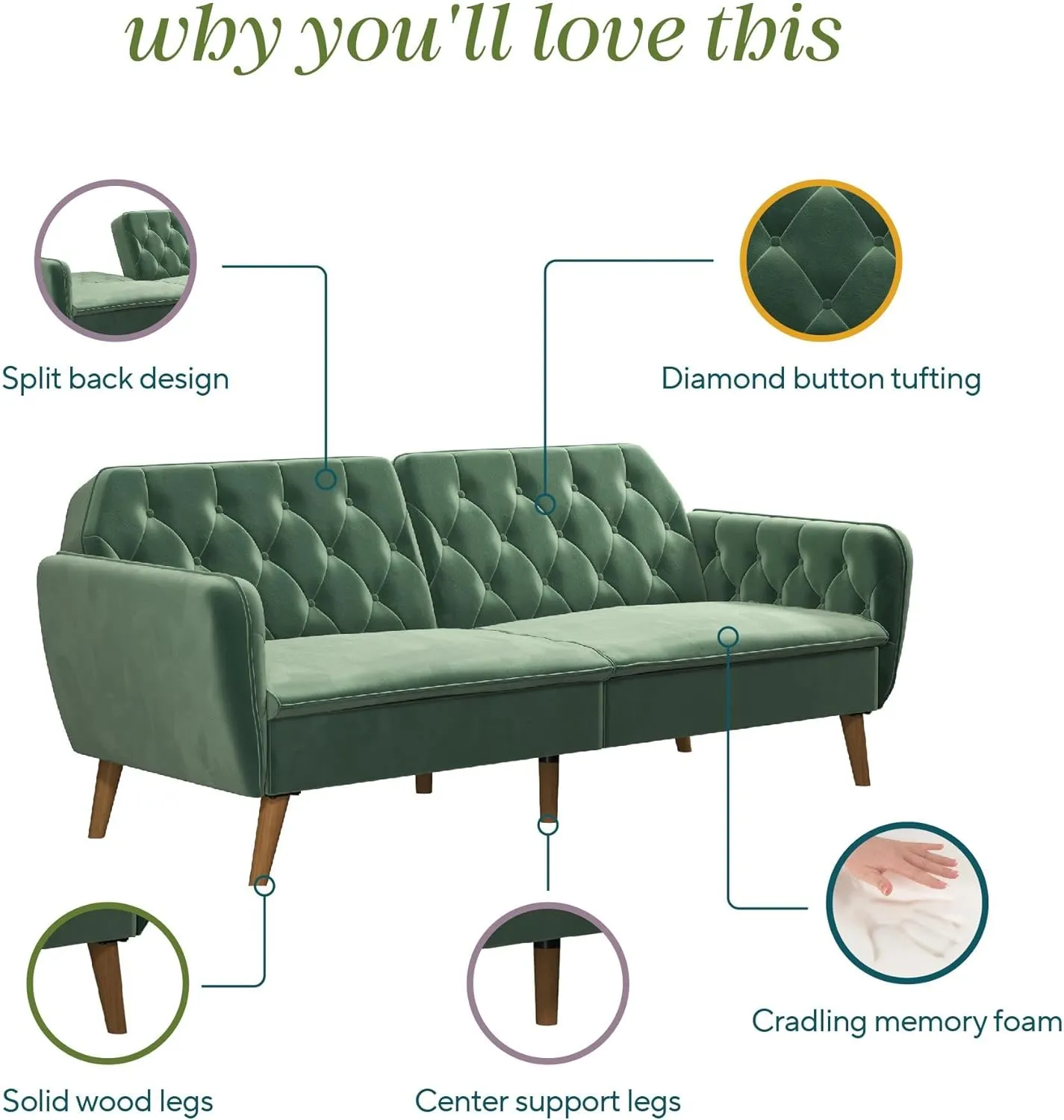 Novogratz Tallulah Memory Foam Futon Couch Bed, Futon Sofa Bed - Light Green Velvet