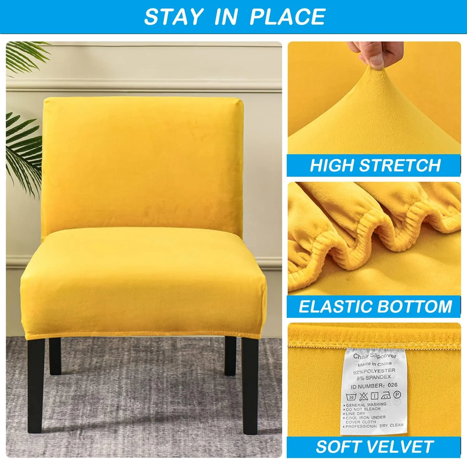 OBCREAT Armless Accent Chair Cover,High Stretch Slipper Chair Slipcovers Soft Velvet Armless Chair Covers with Elastic Bottom Plush Furniture Protector Cover for Living Room Home Hotel (Yellow)
