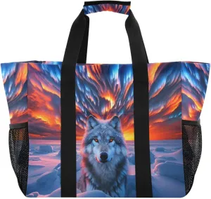 ODAWA Lightweight Portable Aurora and Wolf Beach Bag Tote for Travel, Washable Canvas Sports Tote