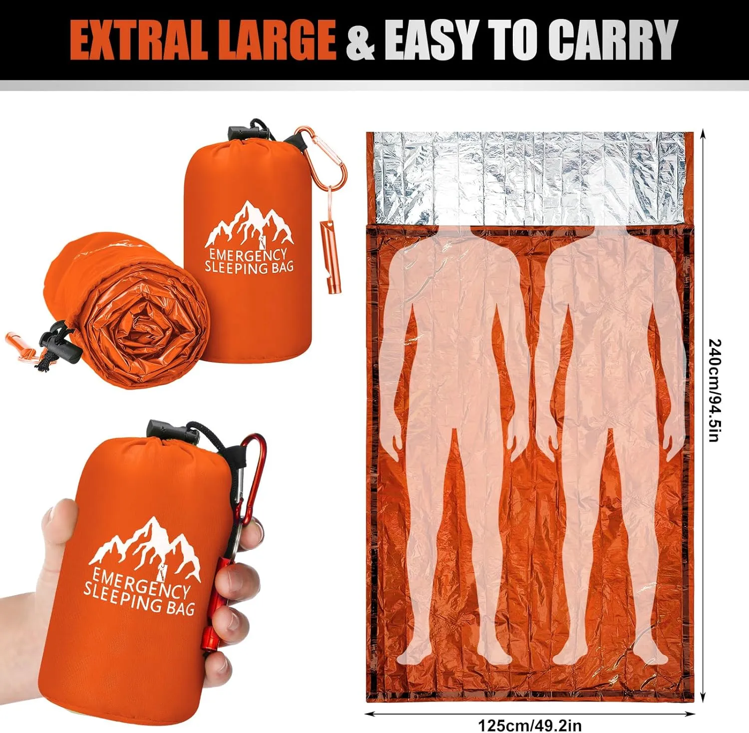 Oudain 6 Pcs XL Emergency Sleeping Bag 94.5" x 49.2" Waterproof Survival Sleeping Bag with Whistle Carabiner Portable Thermal Bivy Sack Emergency Blankets for Camping Hiking Outdoor