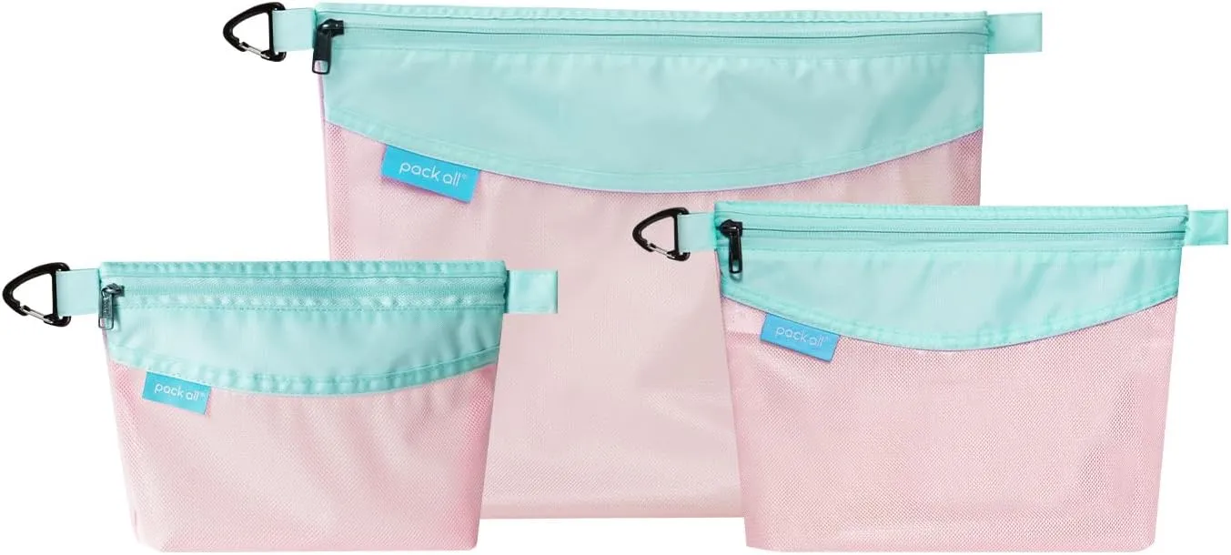 pack all 3 Pcs Water-resistant Material Zipper Pouch Set, Mesh Zipper Bags for Storage, Travel, Office (Pink)