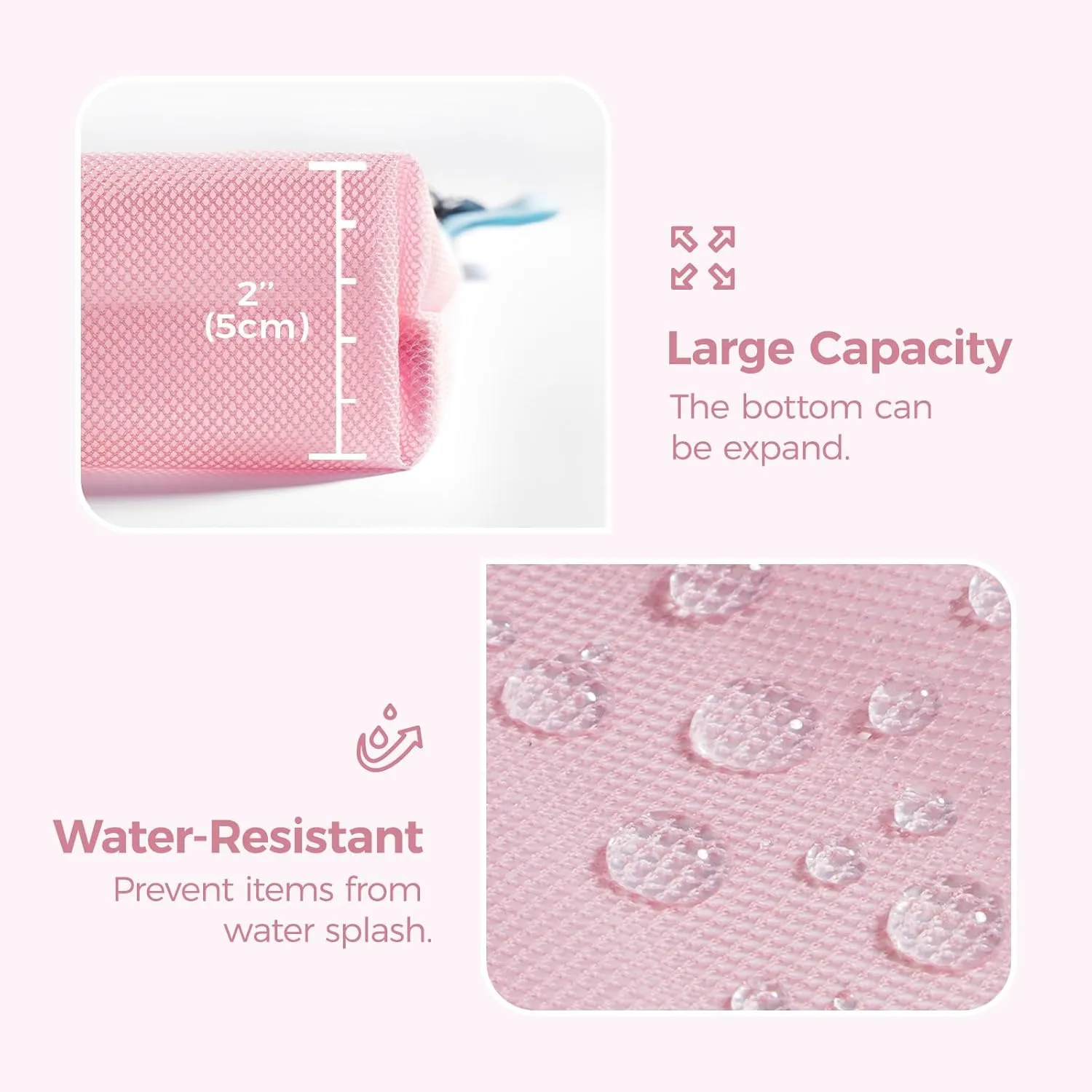 pack all 3 Pcs Water-resistant Material Zipper Pouch Set, Mesh Zipper Bags for Storage, Travel, Office (Pink)