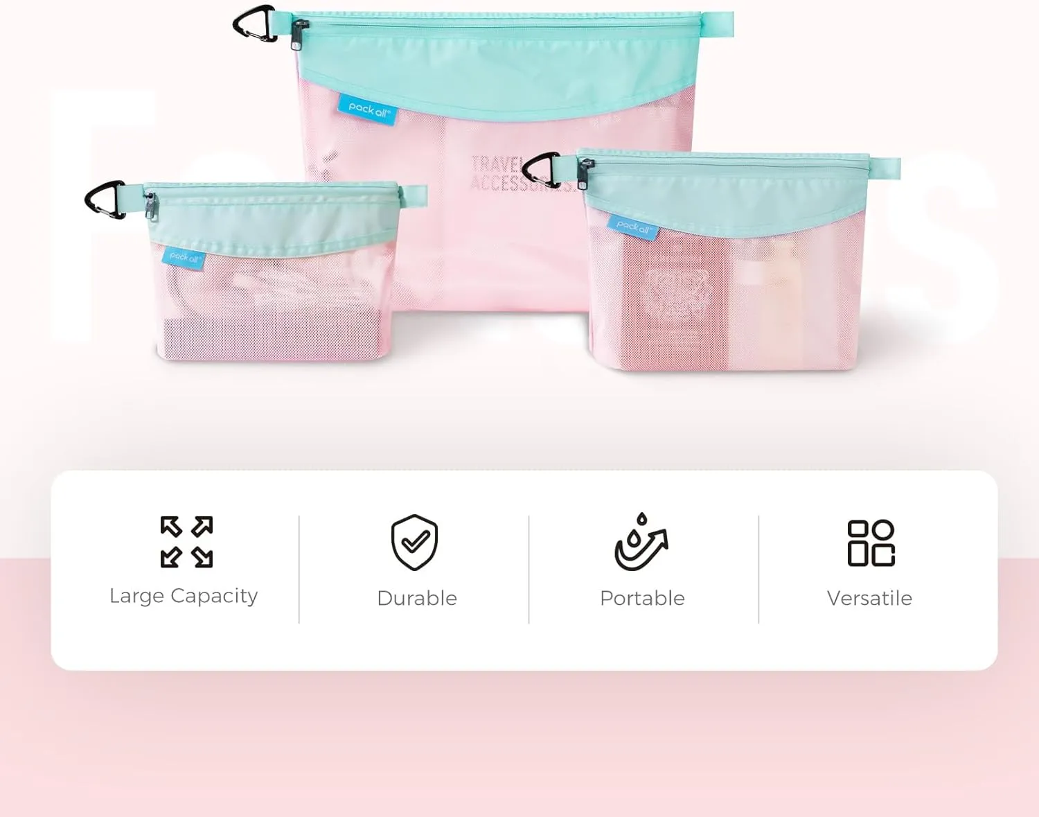 pack all 3 Pcs Water-resistant Material Zipper Pouch Set, Mesh Zipper Bags for Storage, Travel, Office (Pink)