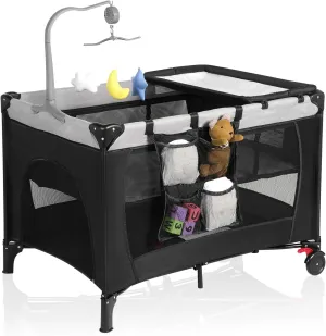 Pack and Play, Travel Crib, with Changing Table, Portable Pack and Play, with Carry Bag, Foldable, Portable Crib for Toddlers 1-3(Black)