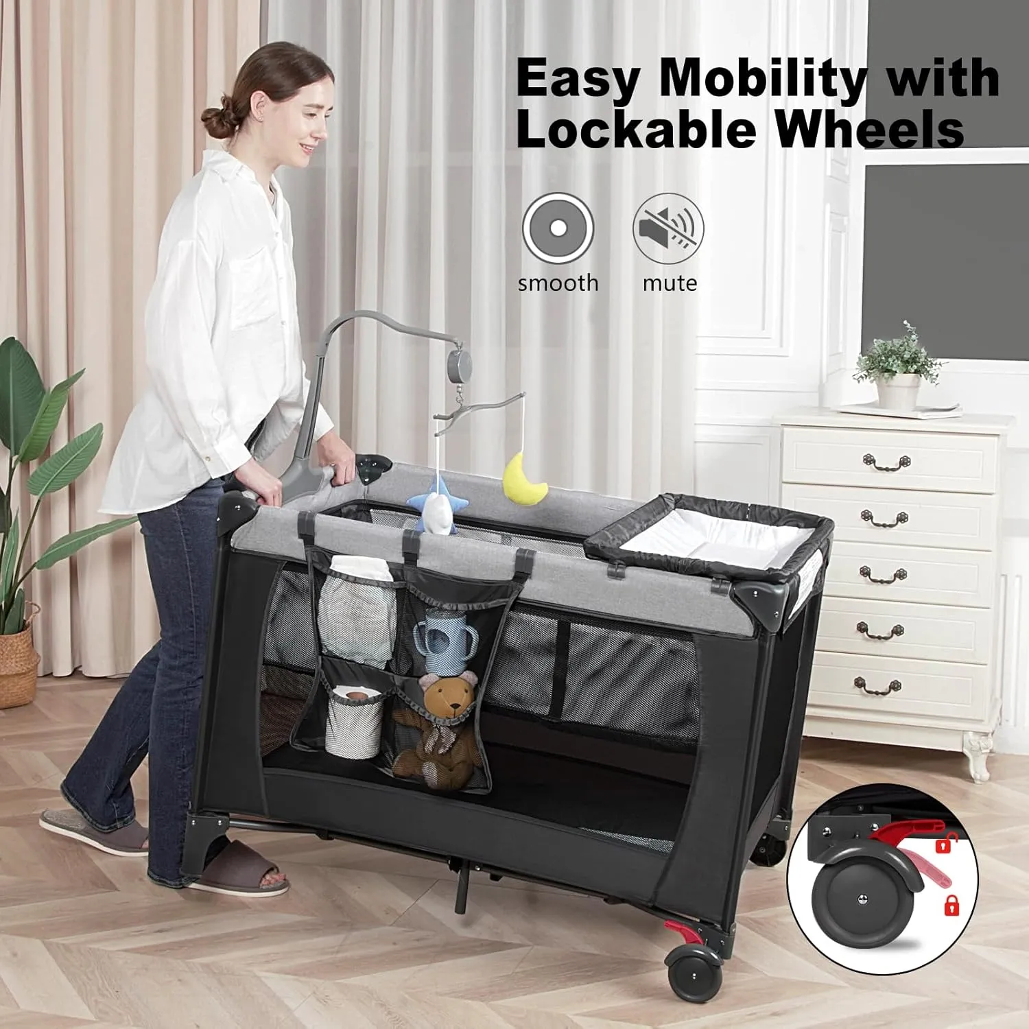 Pack and Play, Travel Crib, with Changing Table, Portable Pack and Play, with Carry Bag, Foldable, Portable Crib for Toddlers 1-3(Black)