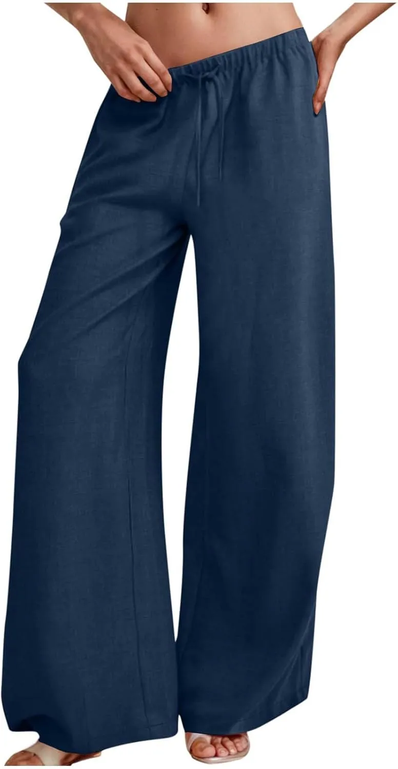 Palazzo Pants for Women Baggy Wide Leg Low Rise Linen Pants Loose Drawstring Long Lounge Trousers with Pockets