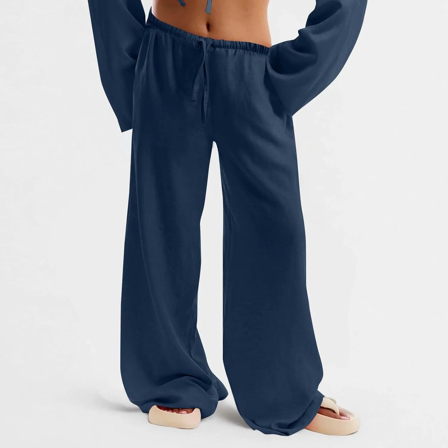 Palazzo Pants for Women Baggy Wide Leg Low Rise Linen Pants Loose Drawstring Long Lounge Trousers with Pockets