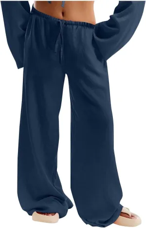 Palazzo Pants for Women Baggy Wide Leg Low Rise Linen Pants Loose Drawstring Long Lounge Trousers with Pockets