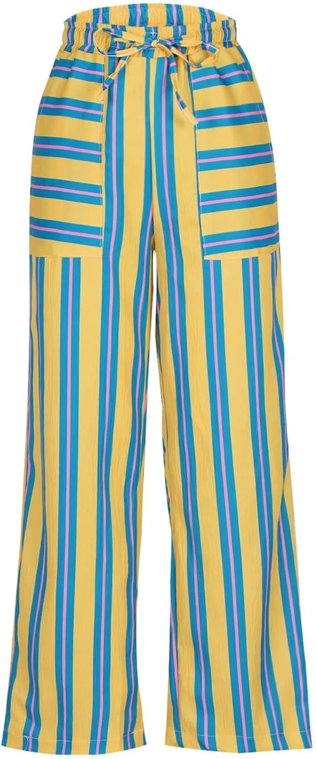 Palazzo Pants for Women Drawstring Stripe Wide Leg Trousers Casual Low Rise Loose Lounge Pants with Pockets